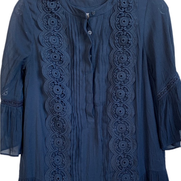 LOFT Dress Womens 6 Navy Blue Pleated Tiered Hidden Button Front 3/4 Sleeve - Picture 7 of 7